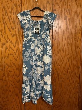Antthony Blue Floral Midi Dress XL Smocked Cotton Boho Cottagecore NWT